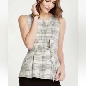 Ann Taylor White Black Plaid Sleeveless Waist Tie Belted Knit Top Sz 00P